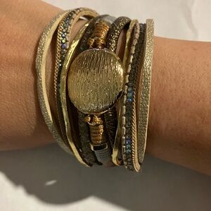 SAACHI Gold and Brown Layered “Optical Leather” Bracelet